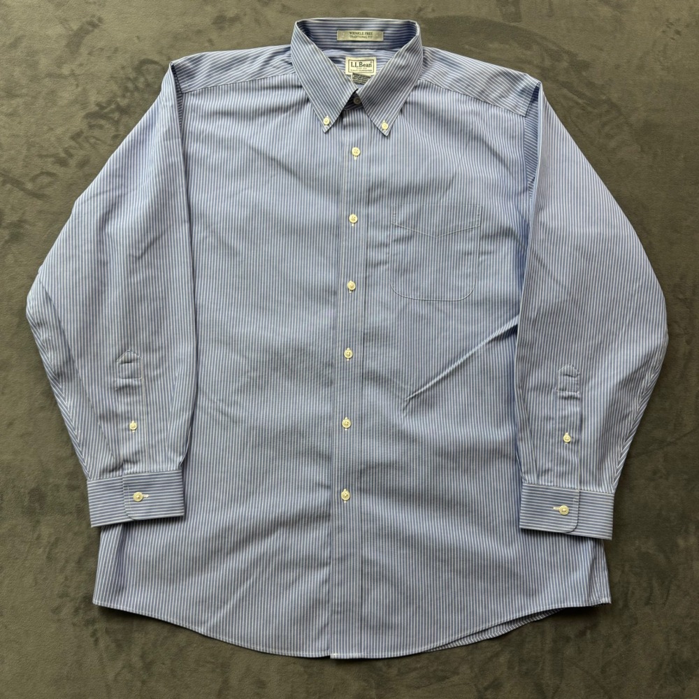 LL Bean Mens 16.5-33 Blue White Pinstripe Wrinkle Free Traditional Fit Shirt